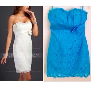JJ’s House strapless lace cocktail dress in pool blue